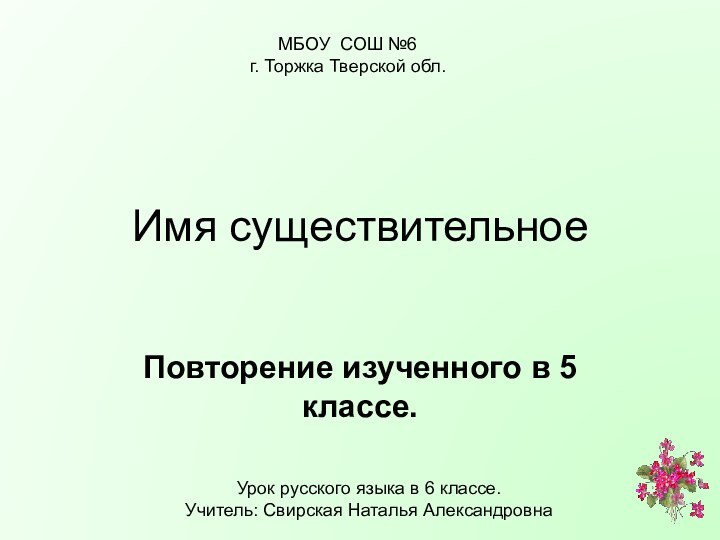 Имя существительное  Повторение изученного в 5 классе.МБОУ СОШ №6г. Торжка Тверской