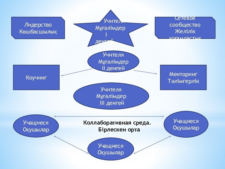 Учащиеся Оқушылар Учащиеся Оқушылар Учащиеся Оқушылар Учителя Мұғалімдер III денгейУчителяМұғалімдер II денгейКоучинг