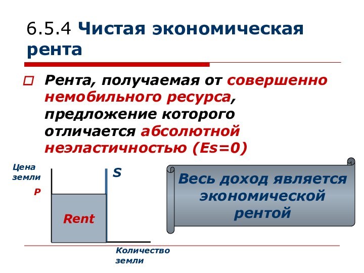 6.5.4 Чистая экономическая рентаРента, получаемая от совершенно немобильного ресурса, предложение которого