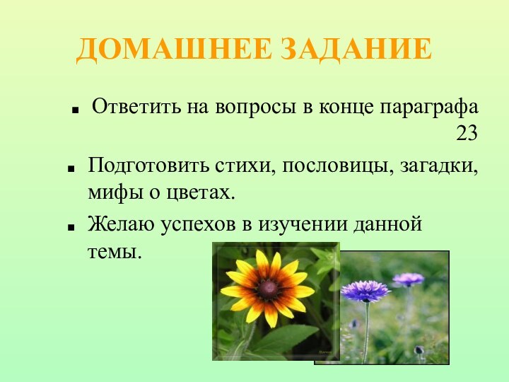 ДОМАШНЕЕ ЗАДАНИЕОтветить на вопросы в конце параграфа 23Подготовить стихи, пословицы, загадки, мифы