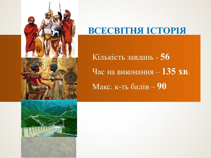 ВСЕСВІТНЯ ІСТОРІЯКількість завдань - 56Час на виконання – 135 хв.Макс. к-ть балів – 90