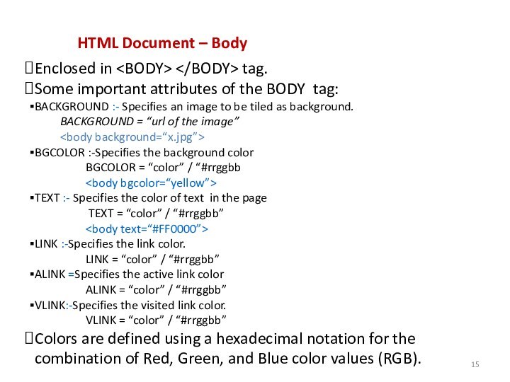 HTML Document – Body Enclosed in  tag.Some important attributes of the