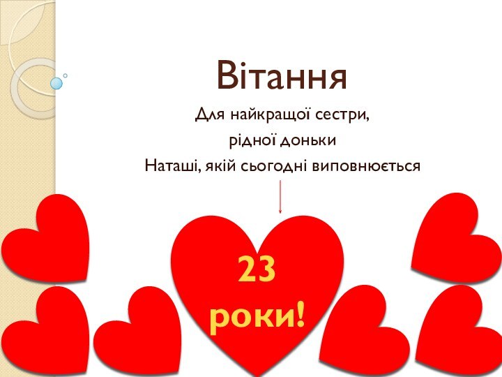 ВітанняДля найкращої сестри,рідної донькиНаташі, якій сьогодні виповнюється