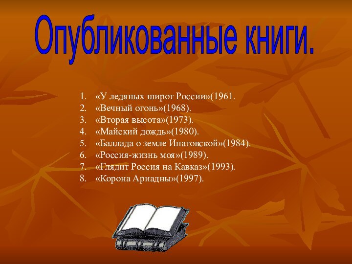 Опубликованные книги.«У ледяных широт России»(1961. «Вечный огонь»(1968).«Вторая высота»(1973).«Майский дождь»(1980).«Баллада о земле Ипатовской»(1984).«Россия-жизнь