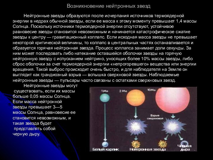 Возникновение нейтронных звезд     Нейтронные звезды образуются после исчерпания