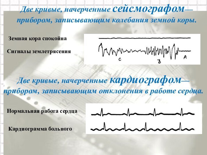 Две кривые, начерченные сейсмографом—прибором, записывающим колебания земной коры. Земная кора спокойнаСигналы землетрясенияНормальная