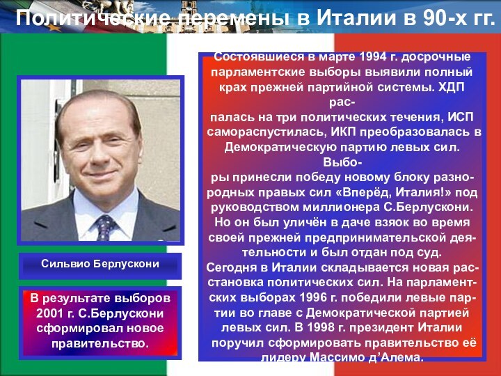 Политические перемены в Италии в 90-х гг.Состоявшиеся в марте 1994 г. досрочные