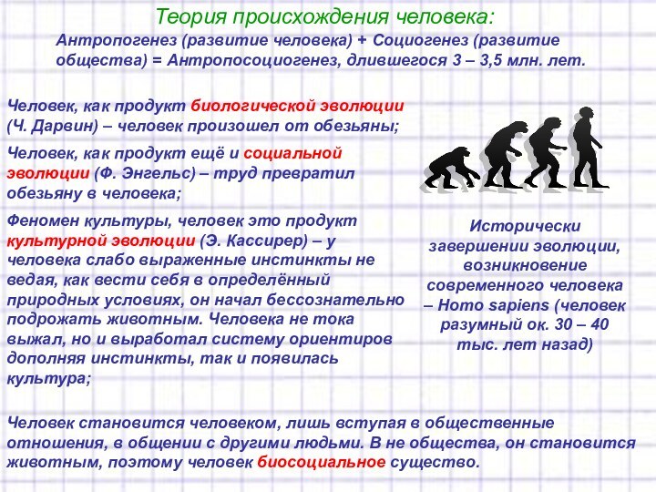 Теория происхождения человека:Антропогенез (развитие человека) + Социогенез (развитие общества) = Антропосоциогенез, длившегося