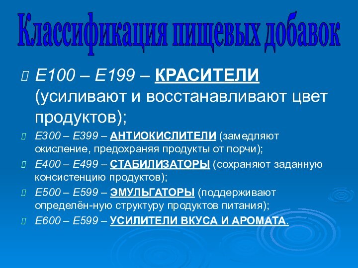 Е100 – Е199 – КРАСИТЕЛИ (усиливают и восстанавливают цвет продуктов);Е300 – Е399