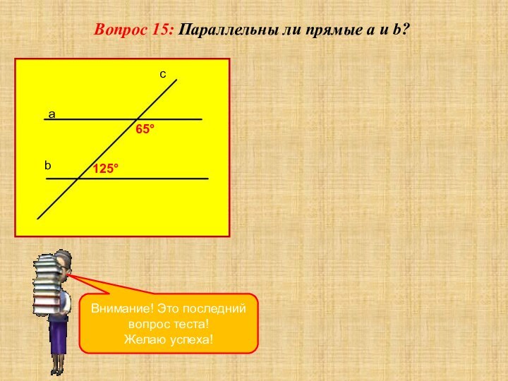 Вопрос 15: Параллельны ли прямые a и b?abc65°125°Внимание! Это последний вопрос теста!Желаю успеха!