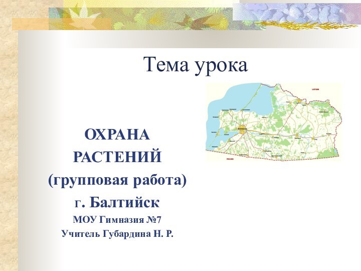 Тема урокаОХРАНАРАСТЕНИЙ(групповая работа)Г. БалтийскМОУ Гимназия №7Учитель Губардина Н. Р.