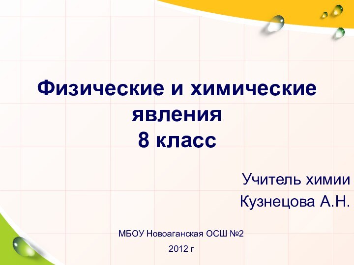 Физические и химические явления 8 классУчитель химииКузнецова А.Н. МБОУ Новоаганская ОСШ №22012 г