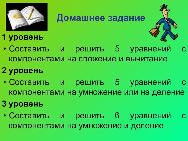 Домашнее задание1 уровеньСоставить и решить 5 уравнений с компонентами на сложение и