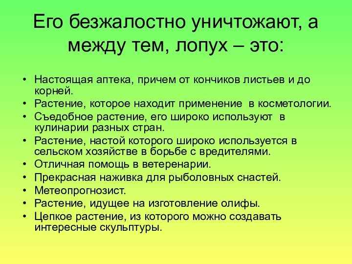 Его безжалостно уничтожают, а между тем, лопух – это:Настоящая аптека, причем от