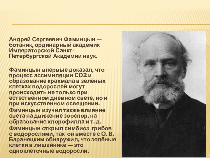 Андрей Сергеевич Фаминцын — ботаник, ординарный академик Императорской Санкт-Петербургской Академии наук.Фаминцын впервые