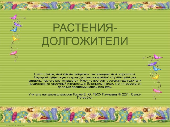 РАСТЕНИЯ-ДОЛГОЖИТЕЛИНикто лучше, чем живые свидетели, не поведает нам о прошлом. Недаром существует