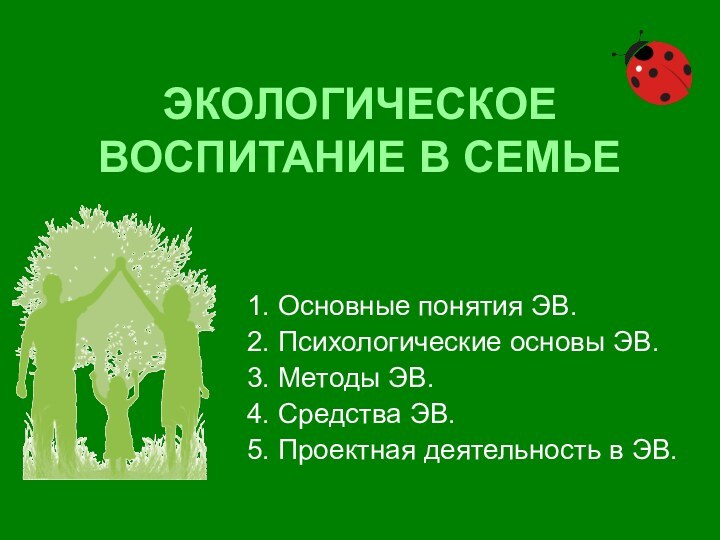 ЭКОЛОГИЧЕСКОЕ ВОСПИТАНИЕ В СЕМЬЕ1. Основные понятия ЭВ.2. Психологические основы ЭВ.3. Методы ЭВ.4.