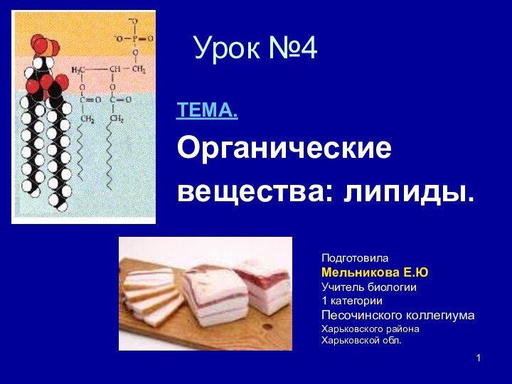 Урок №4ТЕМА.Органическиевещества: липиды.ПодготовилаМельникова Е.ЮУчитель биологии1 категорииПесочинского коллегиумаХарьковского районаХарьковской обл.