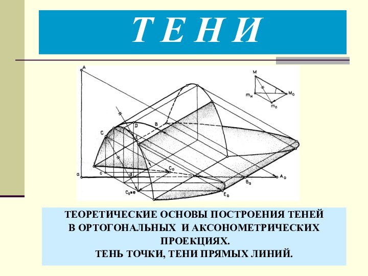 Т Е Н И ТЕОРЕТИЧЕСКИЕ ОСНОВЫ ПОСТРОЕНИЯ ТЕНЕЙВ ОРТОГОНАЛЬНЫХ И АКСОНОМЕТРИЧЕСКИХ ПРОЕКЦИЯХ.ТЕНЬ ТОЧКИ, ТЕНИ ПРЯМЫХ ЛИНИЙ.