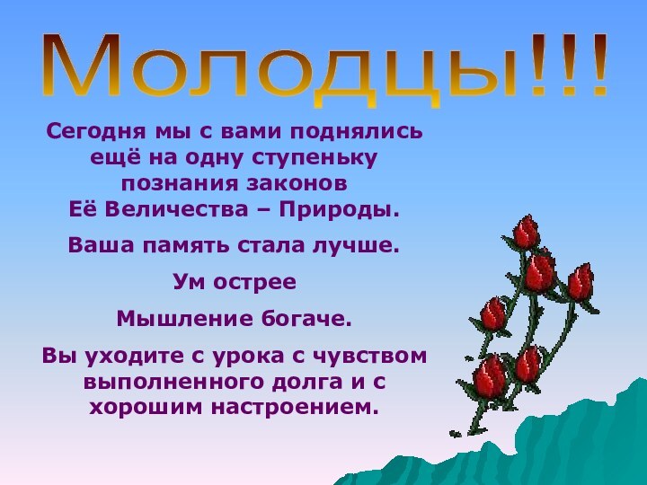 Молодцы!!!Сегодня мы с вами поднялись ещё на одну ступеньку познания законов