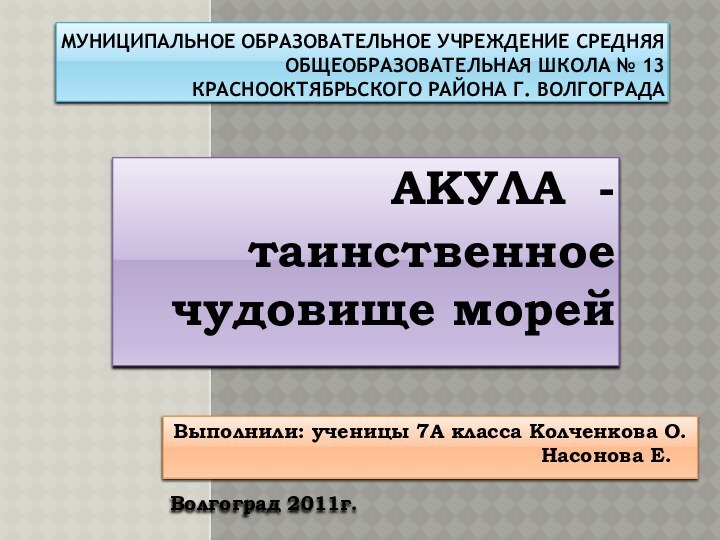 Муниципальное образовательное учреждение средняя общеобразовательная школа № 13 Краснооктябрьского района г. ВолгоградаАКУЛА