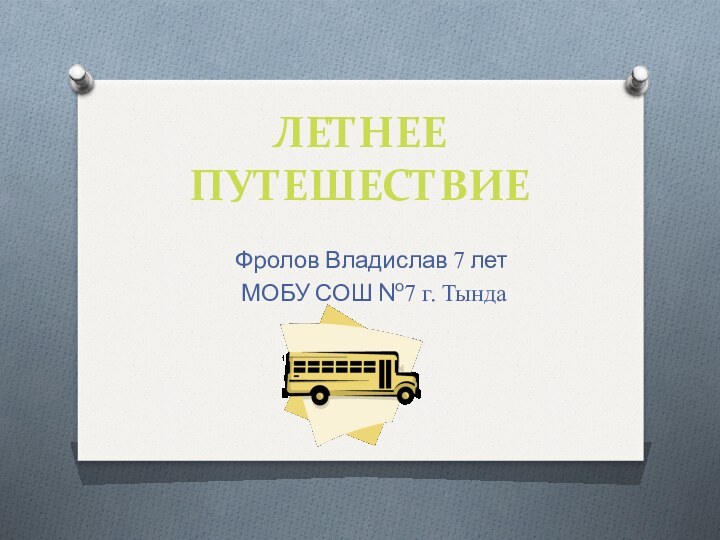 ЛЕТНЕЕ ПУТЕШЕСТВИЕФролов Владислав 7 лет МОБУ СОШ №7 г. Тында