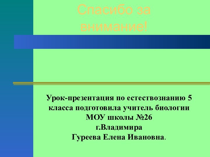 Спасибо за внимание!Урок-презентация по естествознанию 5 класса подготовила учитель биологии МОУ школы