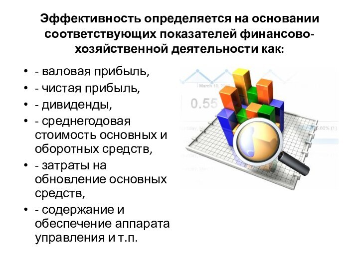 Эффективность определяется на основании соответствующих показателей финансово-хозяйственной деятельности как:- валовая прибыль, -