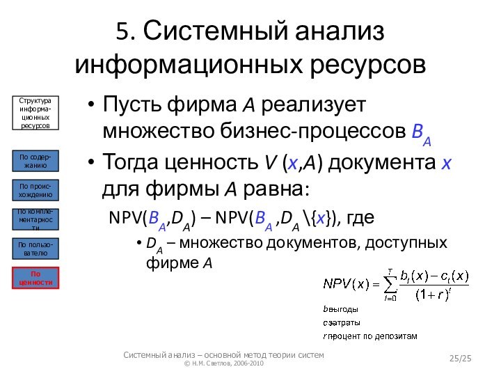 5. Системный анализ информационных ресурсовПусть фирма A реализует множество бизнес-процессов BAТогда ценность