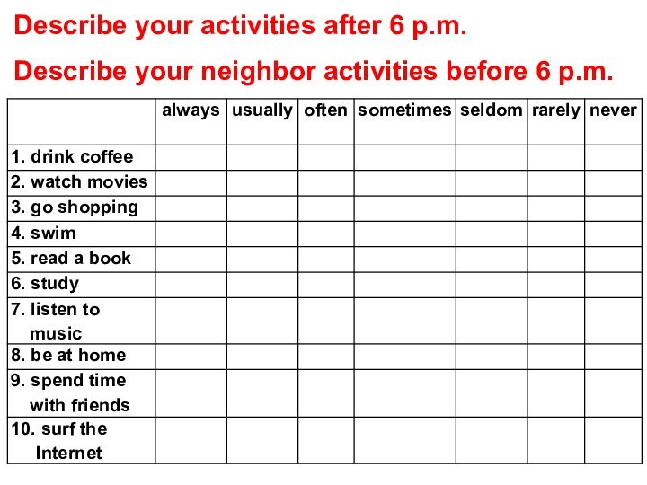 Describe your activities after 6 p.m. Describe your neighbor activities before 6 p.m.