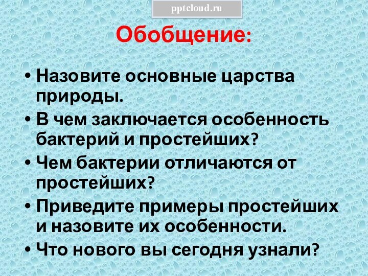 Обобщение:Назовите основные царства природы.В чем заключается особенность бактерий и простейших?Чем бактерии отличаются