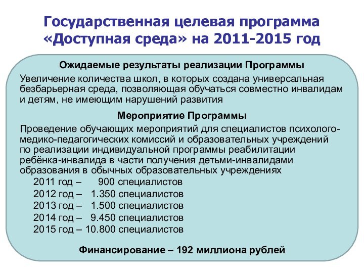 Государственная целевая программа «Доступная среда» на 2011-2015 год   Ожидаемые результаты