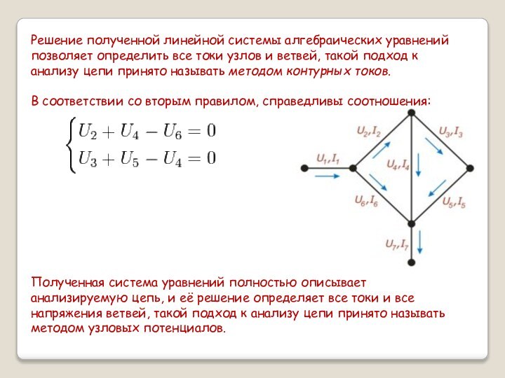 Решение полученной линейной системы алгебраических уравнений позволяет определить все токи узлов и