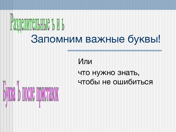 Запомним важные буквы!Или что нужно знать, чтобы не ошибитьсяБуква Ъ после приставокРазделительные ъ и ь