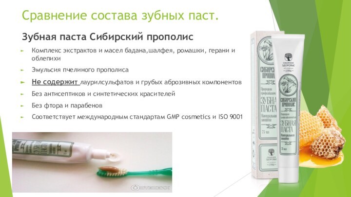 Сравнение состава зубных паст.Зубная паста Сибирский прополисКомплекс экстрактов и масел бадана,шалфея, ромашки,