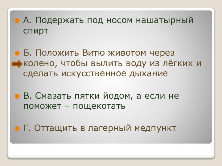 А. Подержать под носом нашатырный спиртБ. Положить Витю животом через колено, чтобы