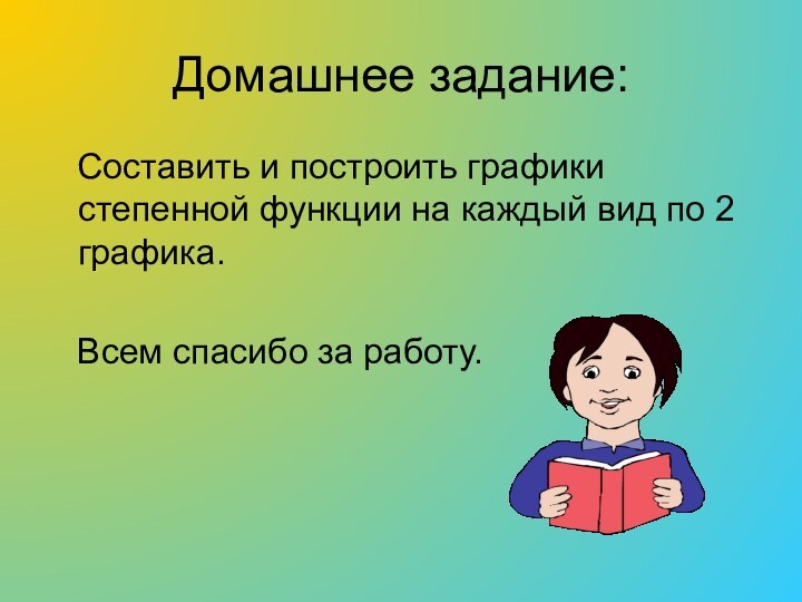 Домашнее задание:  Составить и построить графики степенной функции на каждый вид