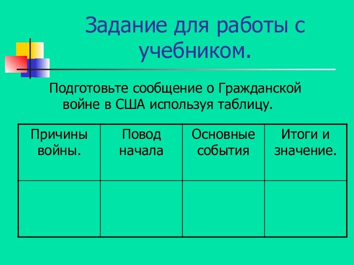 Задание для работы с учебником.Подготовьте сообщение о Гражданской войне в США используя таблицу.