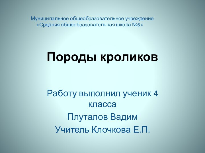 Породы кроликов Работу выполнил ученик 4 классаПлуталов Вадим Учитель Клочкова Е.П.Муниципальное общеобразовательное