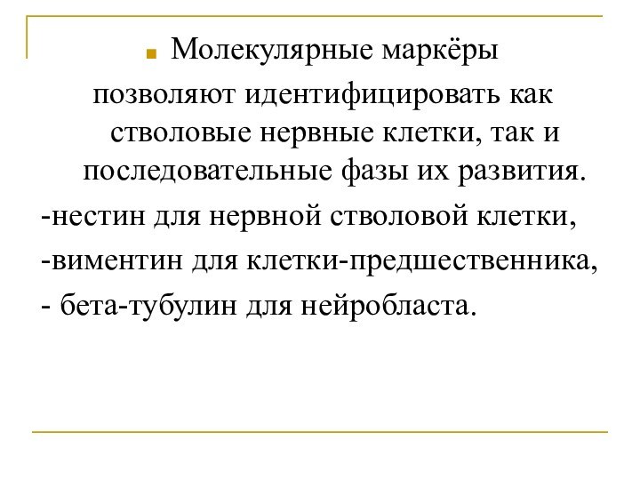 Молекулярные маркёрыпозволяют идентифицировать как стволовые нервные клетки, так и последовательные фазы их