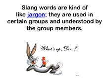 Slang words are kind of like jargon; they are used in certain groups and understood by the group members. 