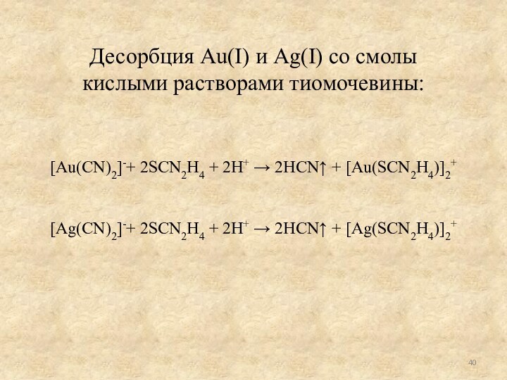 Десорбция Au(I) и Ag(I) со смолы кислыми растворами тиомочевины:[Au(CN)2]-+ 2SCN2H4 + 2H+