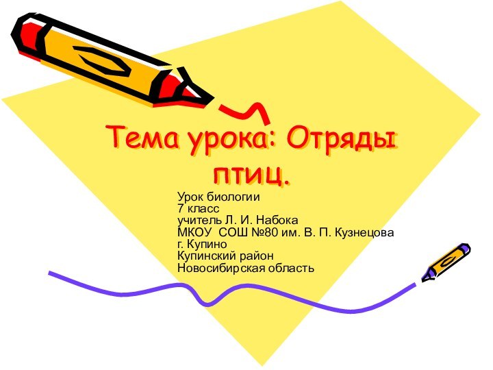 Тема урока: Отряды птиц.Урок биологии 7 классучитель Л. И. НабокаМКОУ СОШ №80