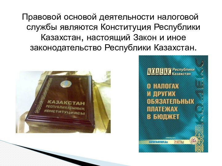 Правовой основой деятельности налоговой службы являются Конституция Республики Казахстан, настоящий Закон и иное законодательство Республики Казахстан.