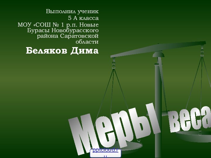 МерывесаВыполнил ученик5 А классаМОУ «СОШ № 1 р.п. Новые Бурасы Новобурасского района Саратовской областиБеляков Дима