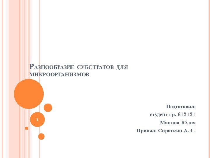 Разнообразие субстратов для микроорганизмовПодготовил: студент гр. 612121Манина ЮлияПринял: Сироткин А. С.