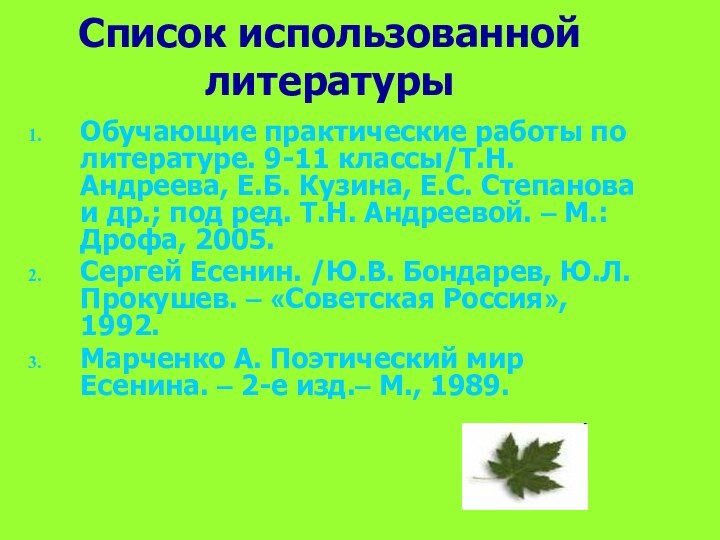 Список использованной литературыОбучающие практические работы по литературе. 9-11 классы/Т.Н. Андреева, Е.Б. Кузина,