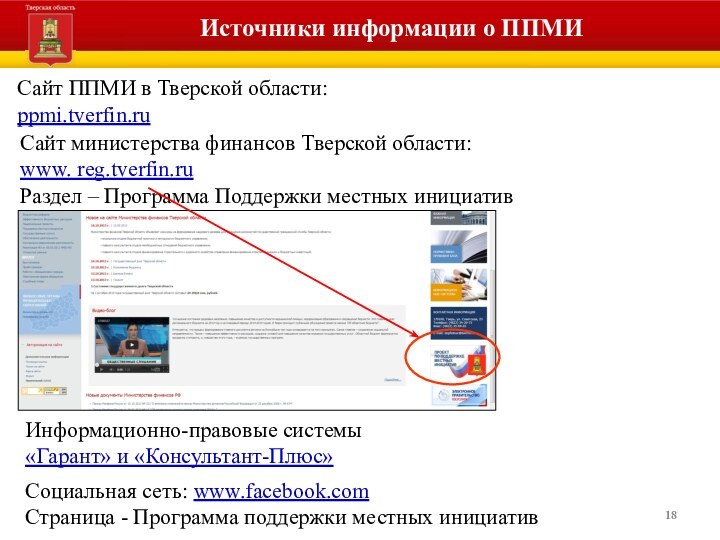 Источники информации о ППМИСайт министерства финансов Тверской области: www. reg.tverfin.ruРаздел – Программа