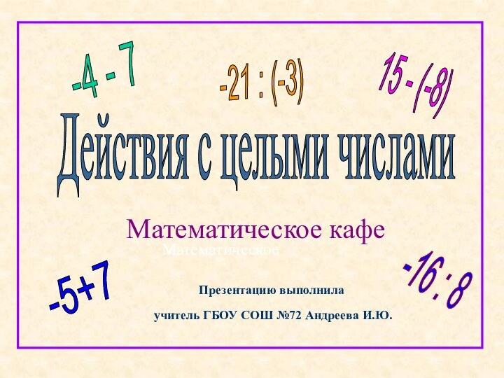 Действия с целыми числами-5+7-16 : 8-4 - 715 - (-8)-21 : (-3)Математическое