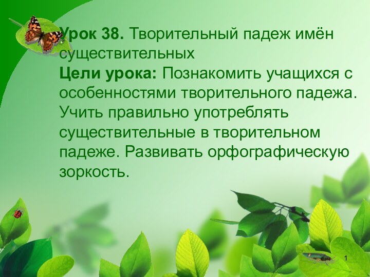 Урок 38. Творительный падеж имён существительныхЦели урока: Познакомить учащихся с особенностями творительного